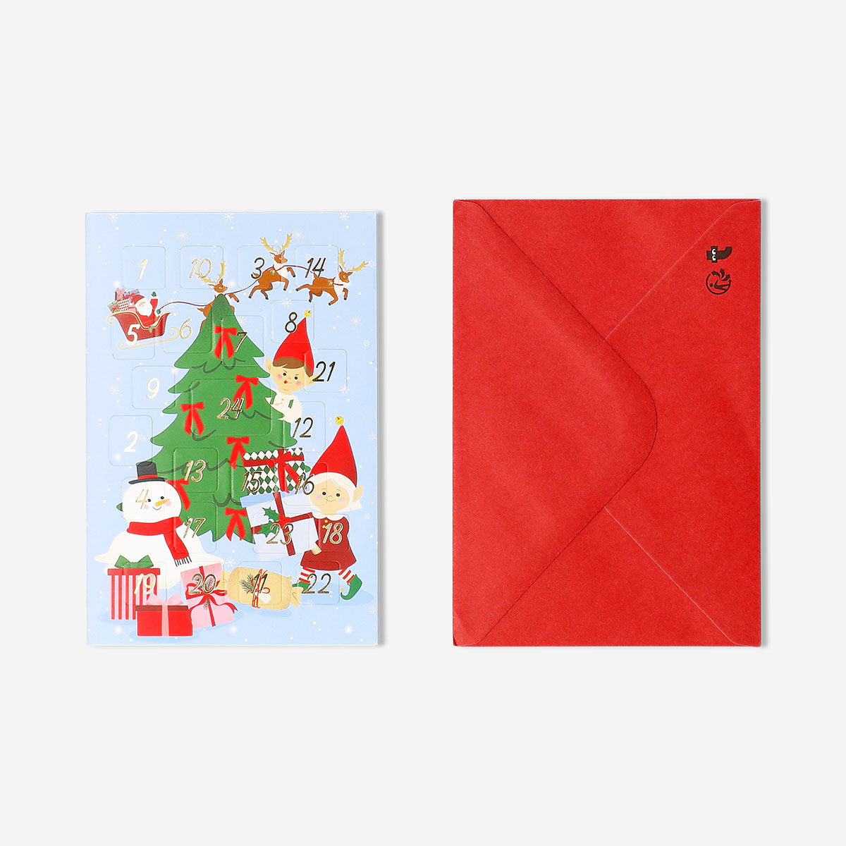Office greetings card from Flying Tiger Copenhagen designed as an advent calendar, featuring festive holiday illustrations.