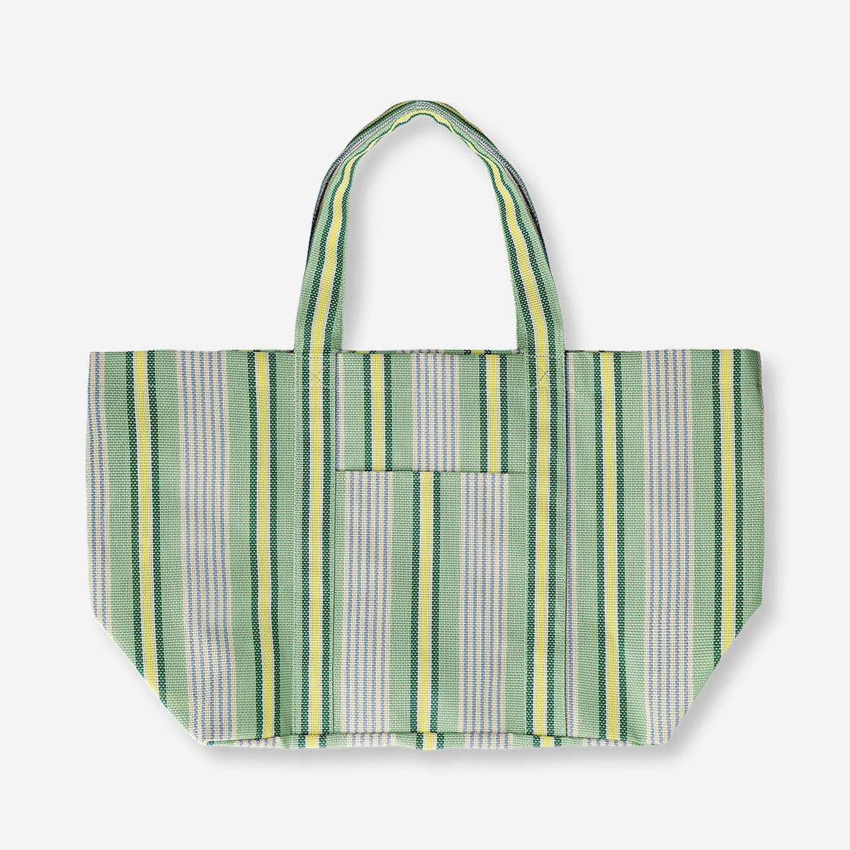 Green mesh shopper bag with striped textile design by Flying Tiger Copenhagen, featuring eco-friendly reusable material.