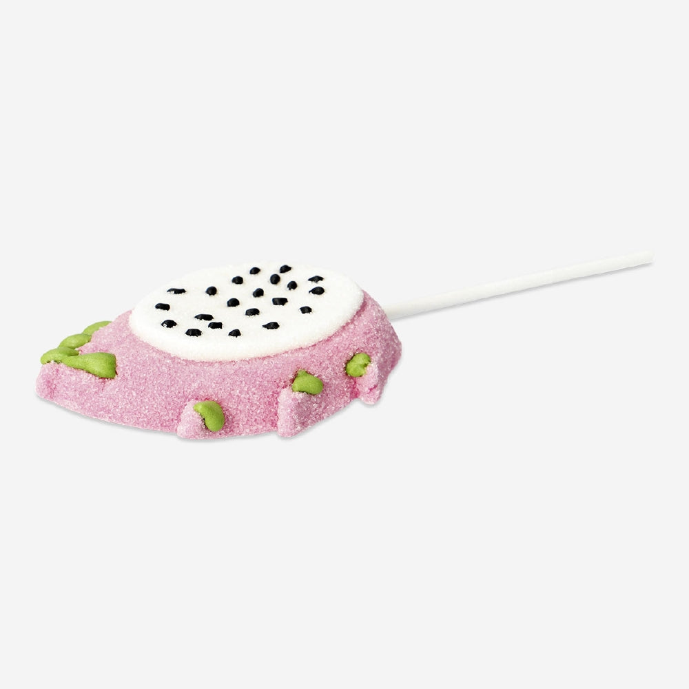 Marshmallow on a stick with dragon fruit flavor from Flying Tiger Copenhagen, pink and white marshmallow on a wooden stick.
