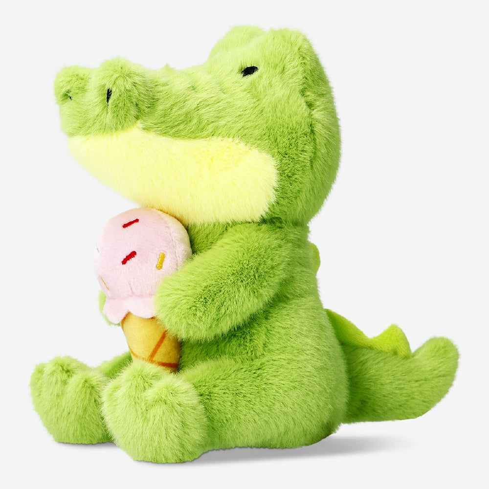 Flying Tiger Copenhagen plush crocodile toy holding an ice cream cone, soft and colorful for children.