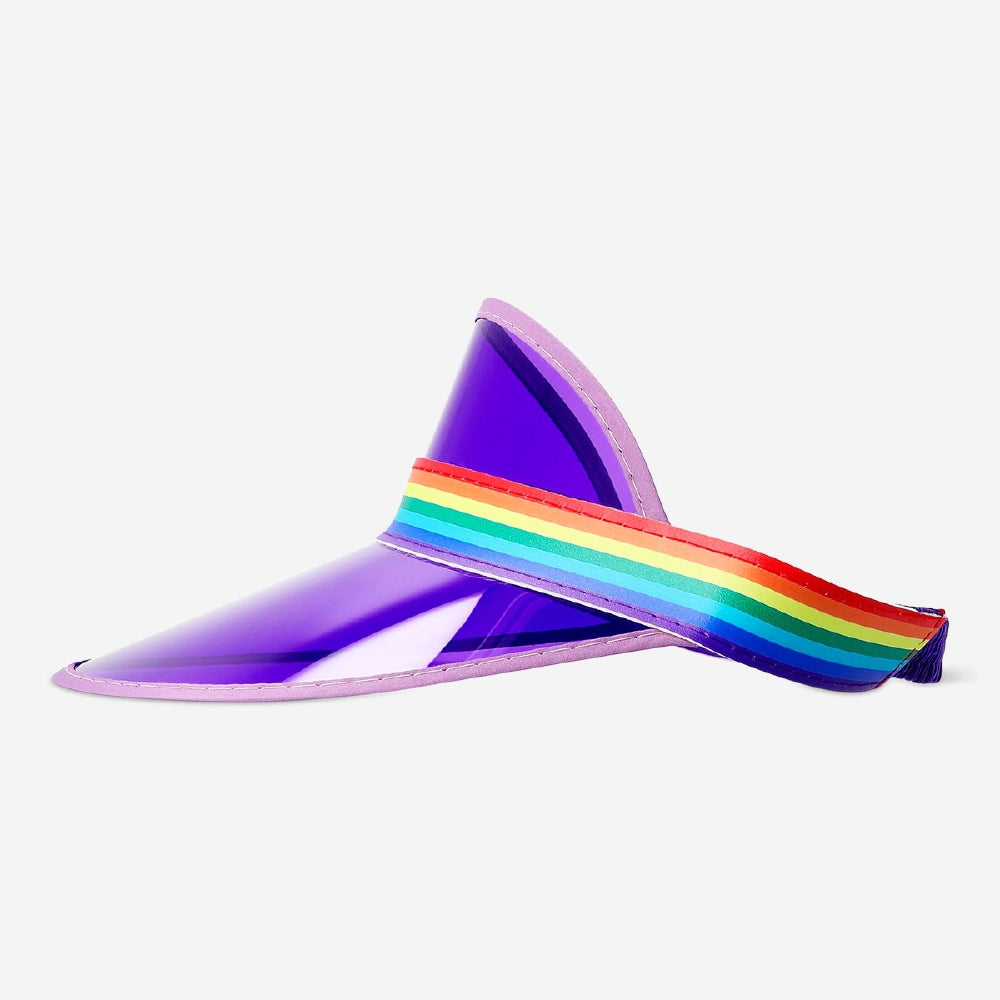 Purple textile sun visor with rainbow band from Flying Tiger Copenhagen, showing the colorful and adjustable headwear accessory.