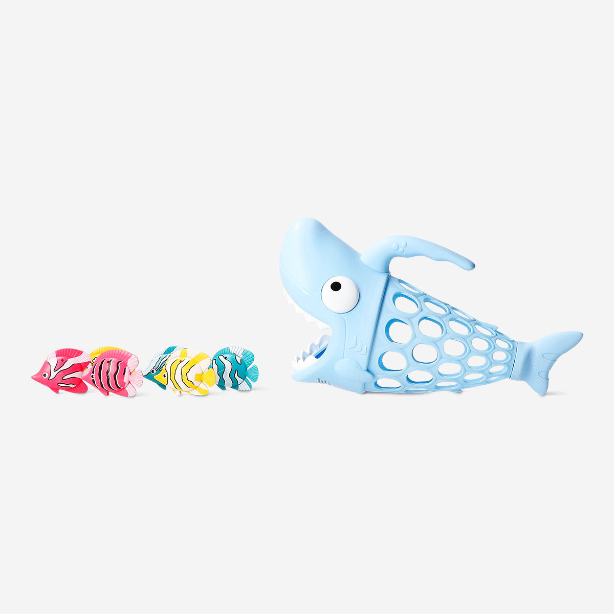 Flying Tiger Copenhagen hungry shark toy with colorful fish, featuring a playful shark design and vibrant ocean-themed details.