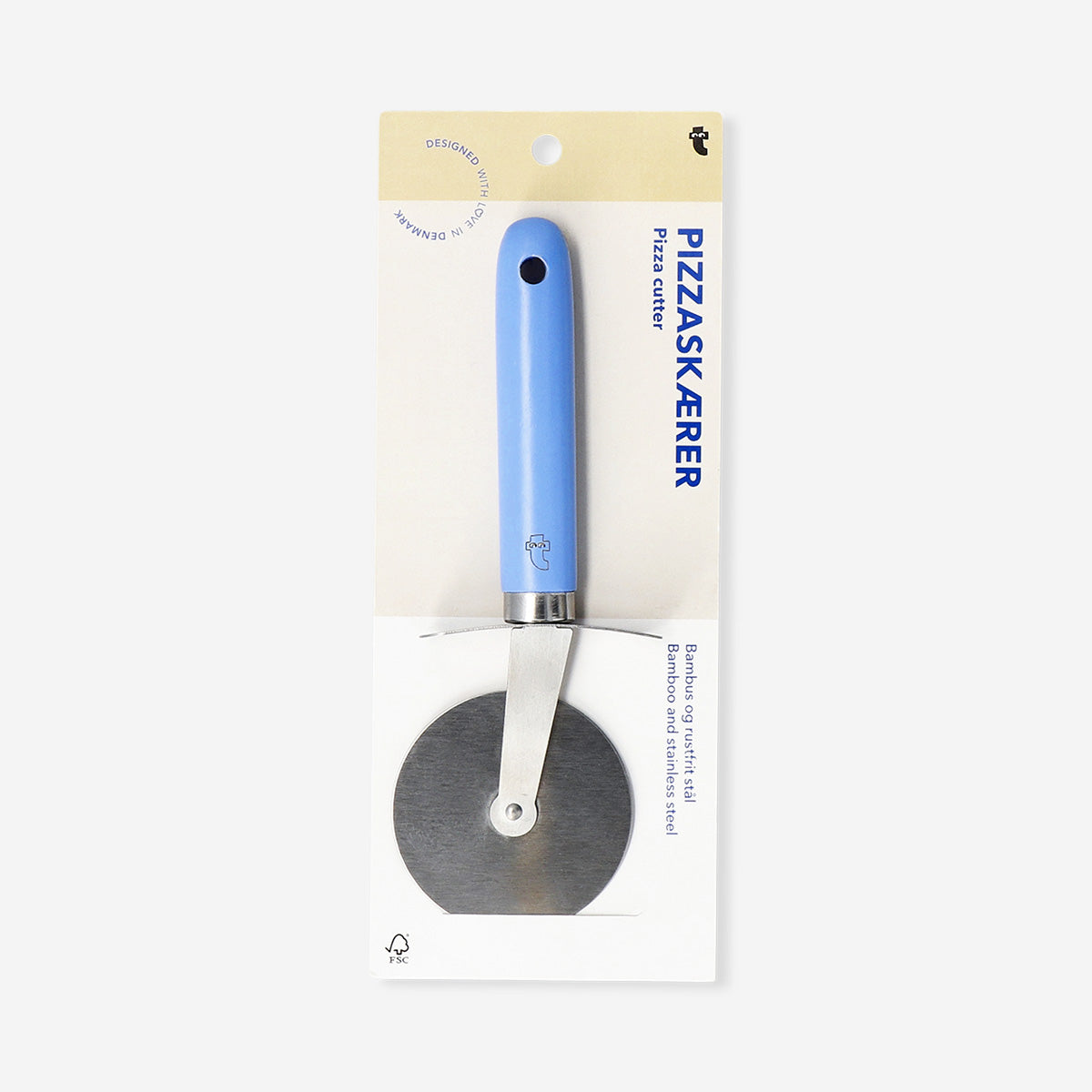 Flying Tiger Copenhagen Designer Collection pizza cutter, 20 cm stainless steel kitchen tool with a sleek handle for easy slicing.
