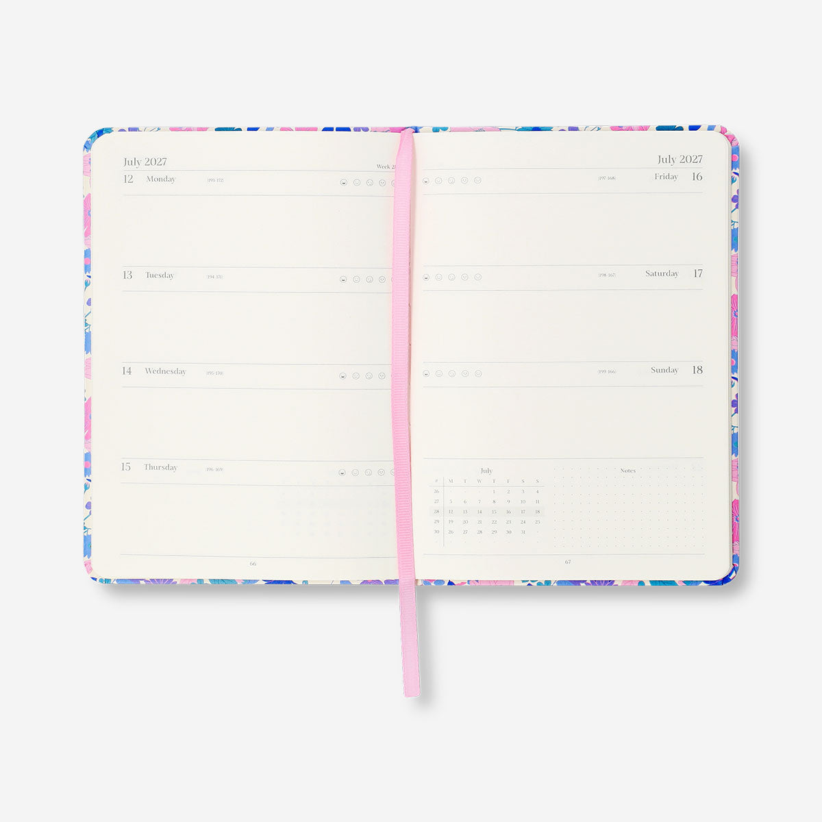 Flying Tiger Copenhagen B6 floral weekly diary 2027 in English, featuring a colorful floral cover and weekly planner pages.