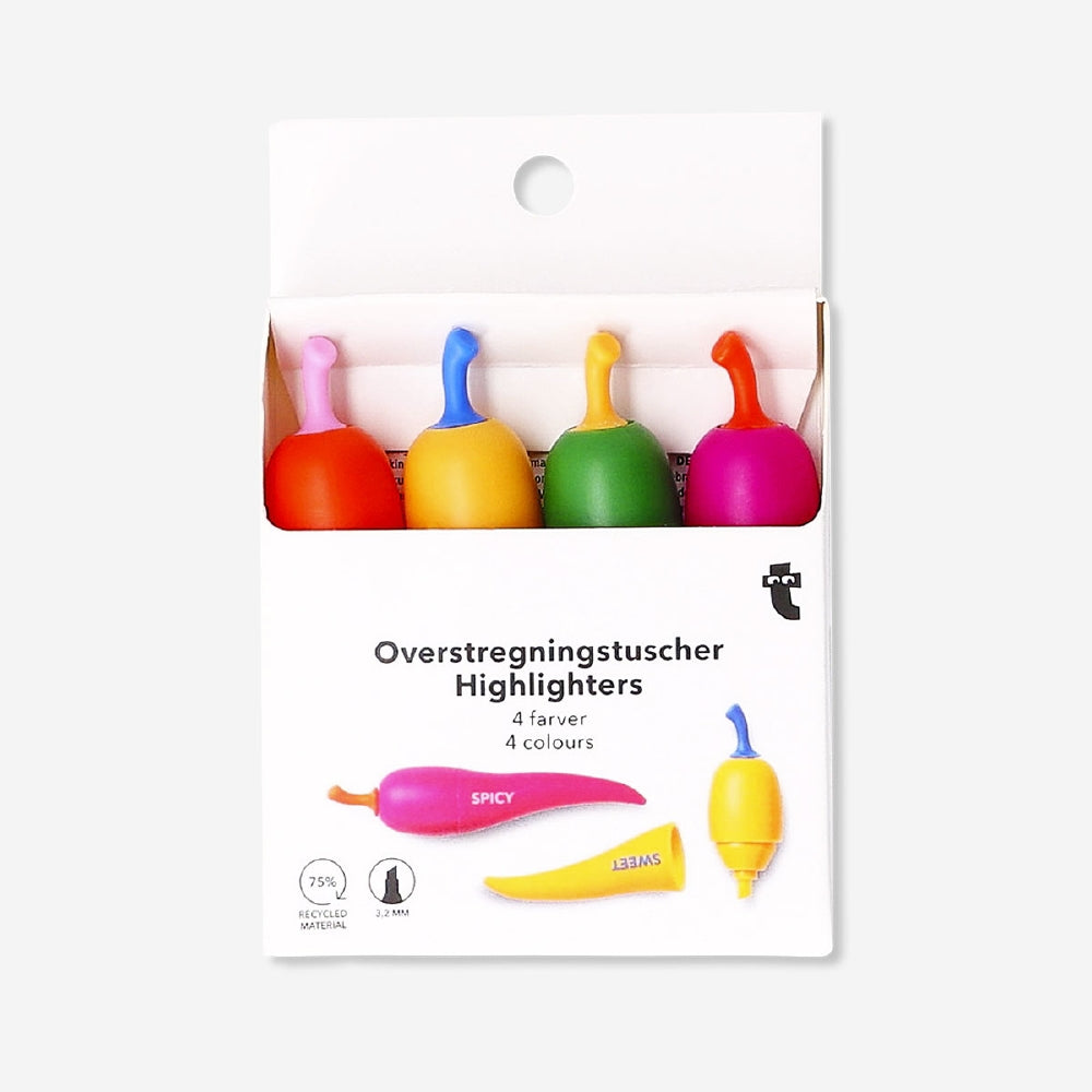 Set of four Flying Tiger Copenhagen Chilli highlighters for office use, with bright colors and ergonomic design.