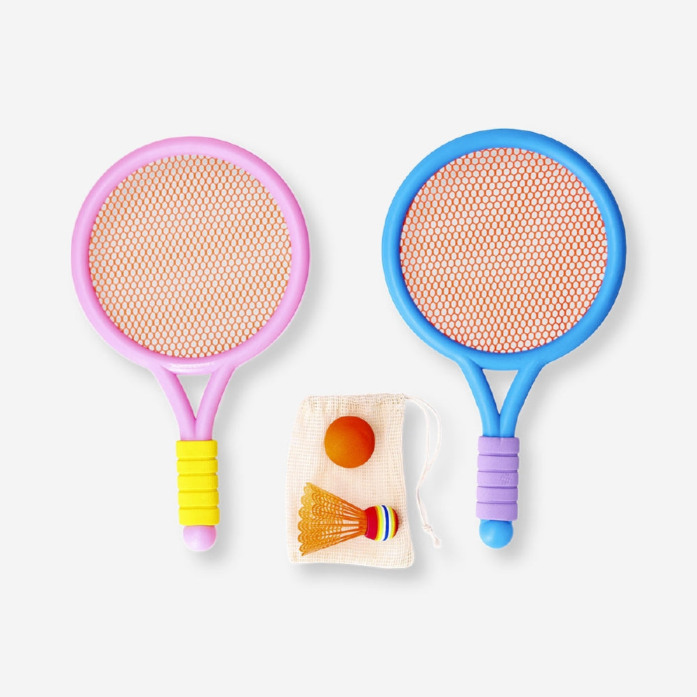 Children's racket set for game, featuring colorful rackets and balls, by Flying Tiger Copenhagen for active play.