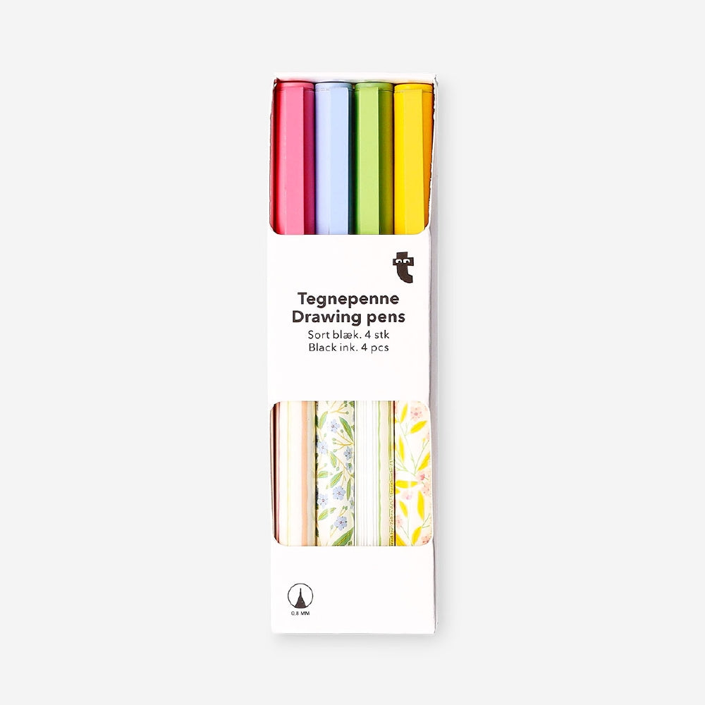 Four Flying Tiger Copenhagen drawing pens for journaling, black ink, fine tips, ideal for office and creative writing projects.