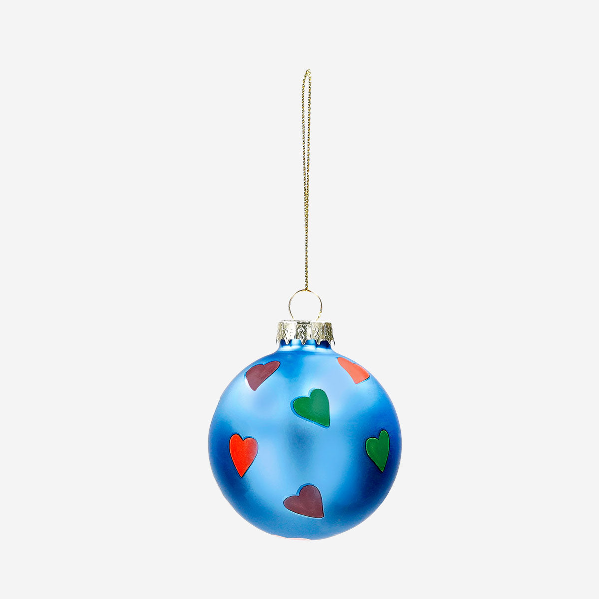 Metallic blue Christmas bauble with heart patterns, decorative home ornament by Flying Tiger Copenhagen.