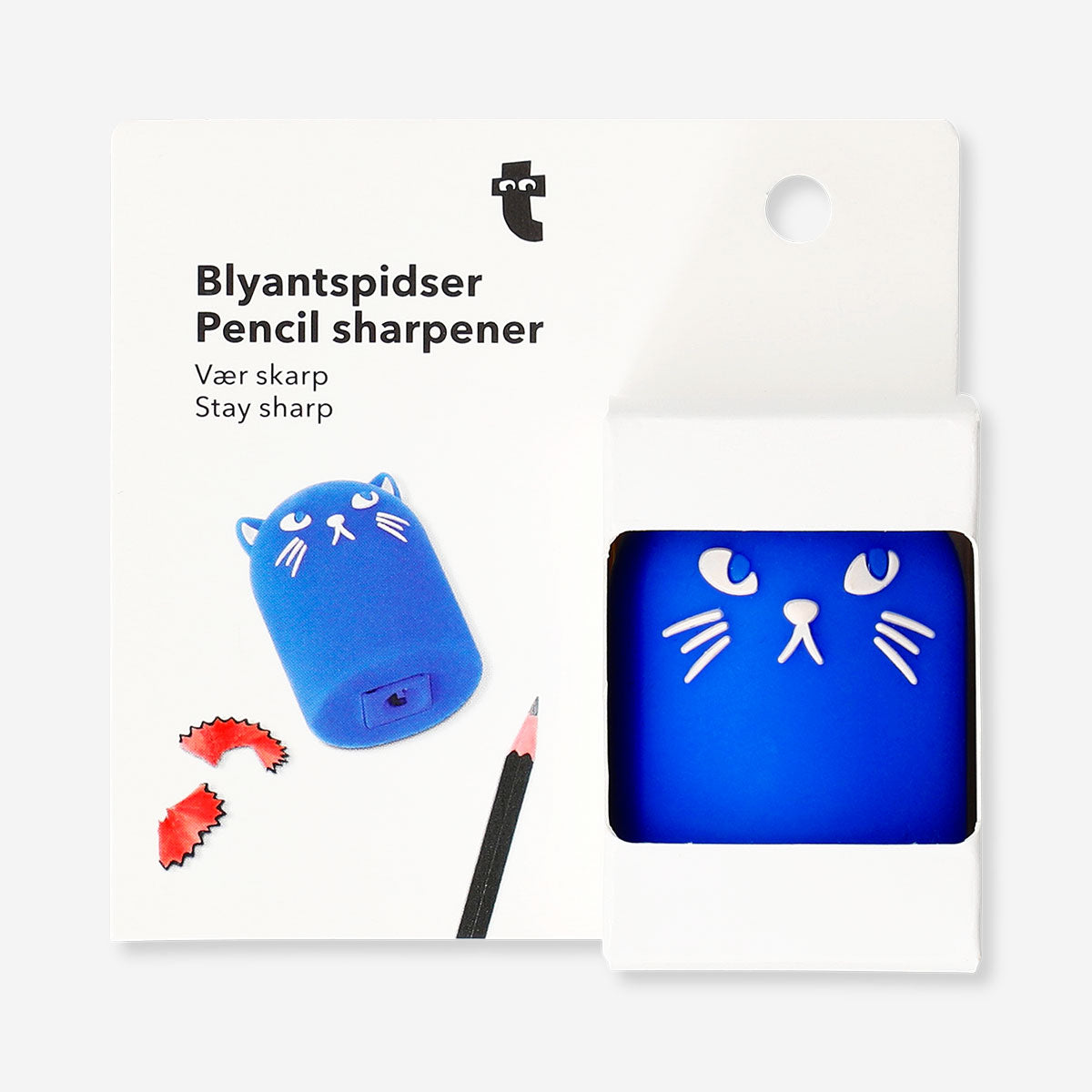 Blue cat-shaped office pencil sharpener by Flying Tiger Copenhagen with detailed feline design.