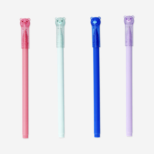 Glitter gel pens with bear topper - 4 pcs