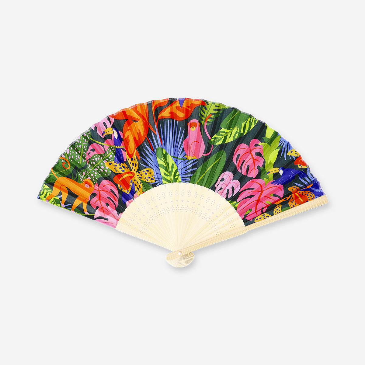 Foldable bamboo fan with tropical print textile by Flying Tiger Copenhagen, featuring a lightweight, eco-friendly design.