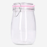 Glass jar with pink rim, 17 cm tall, from Flying Tiger Copenhagen, ideal for kitchen storage or organization.