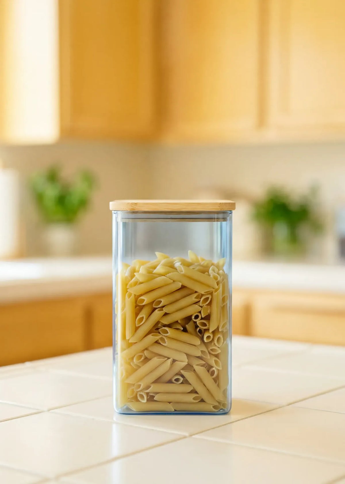 Blue glass storage container with lid, 1.7L, from Flying Tiger Copenhagen's Designer Collection, ideal for kitchen organization.