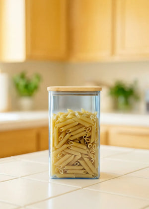 Blue glass storage container with lid, 1.7L, from Flying Tiger Copenhagen's Designer Collection, ideal for kitchen organization.