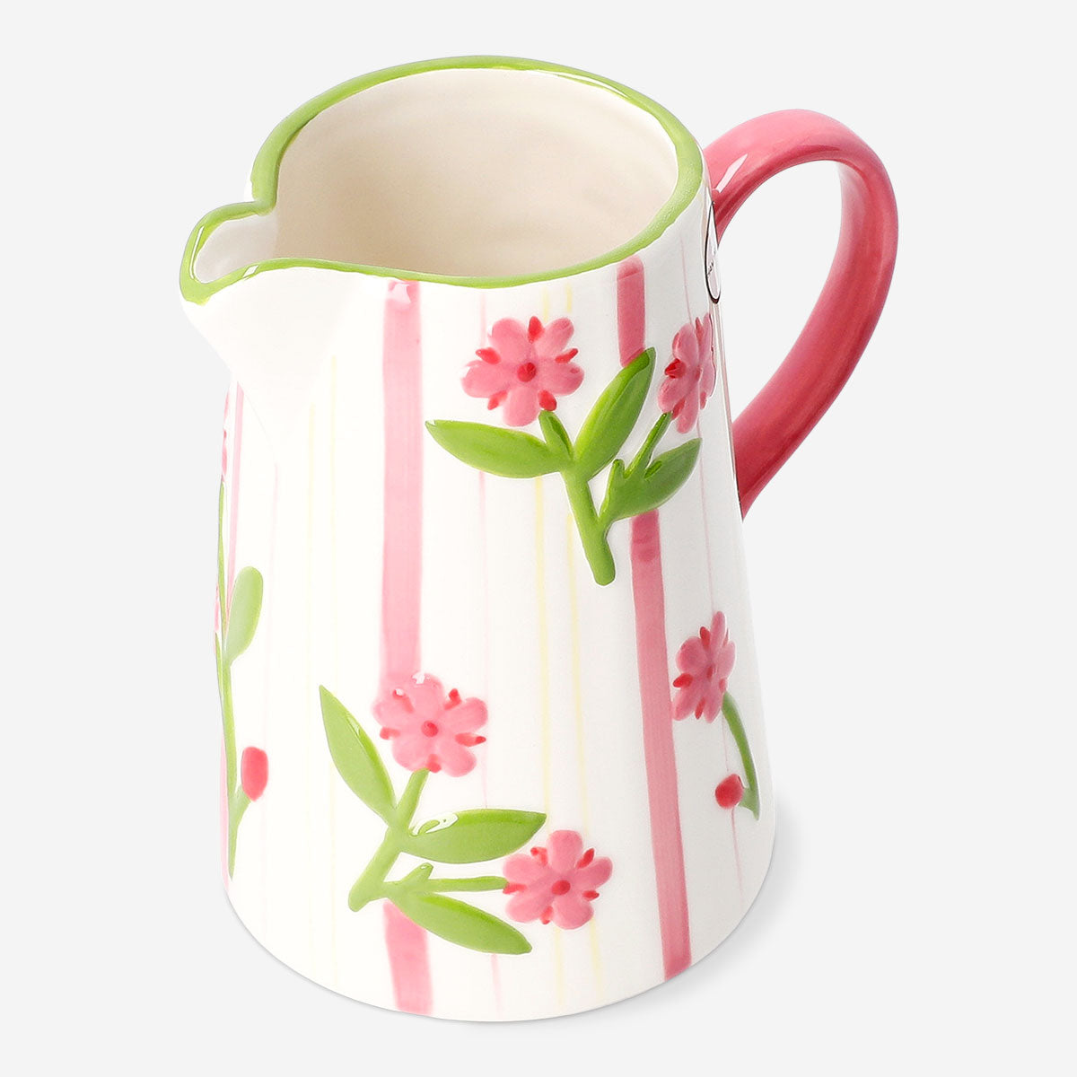 1L ceramic jug with colorful hand-painted stripes and floral design, perfect for kitchen decor or serving beverages.
