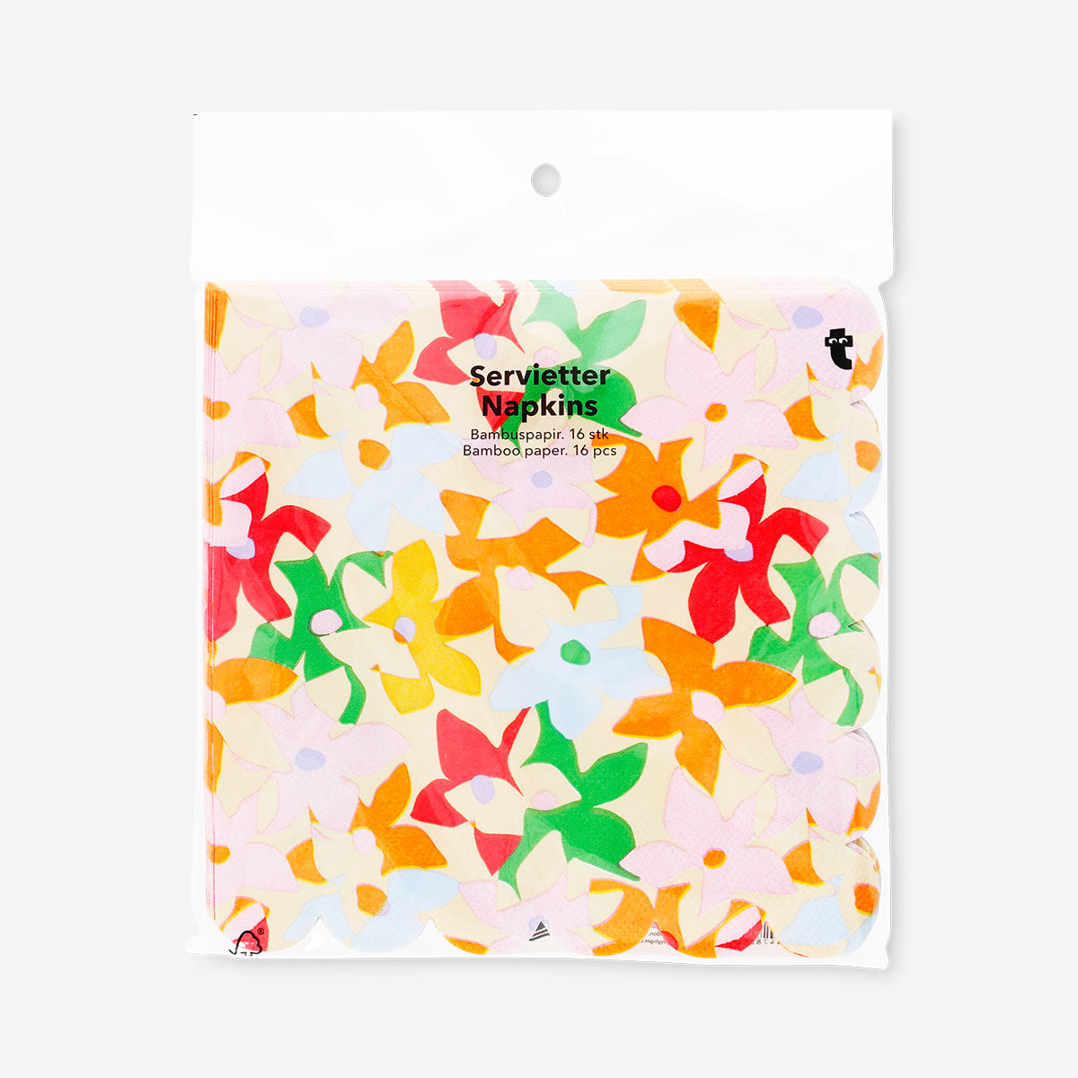 Set of 16 floral and scalloped edge party napkins by Flying Tiger Copenhagen with colorful floral patterns.