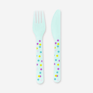 Flying Tiger Copenhagen 6-piece party cutlery set with foil detail, including knives, forks, and spoons for special occasions.