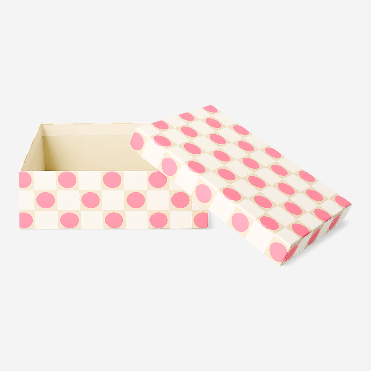 Pink polka dot storage box for home organization, 14x20 cm, by Flying Tiger Copenhagen, with a fabric exterior and lid.