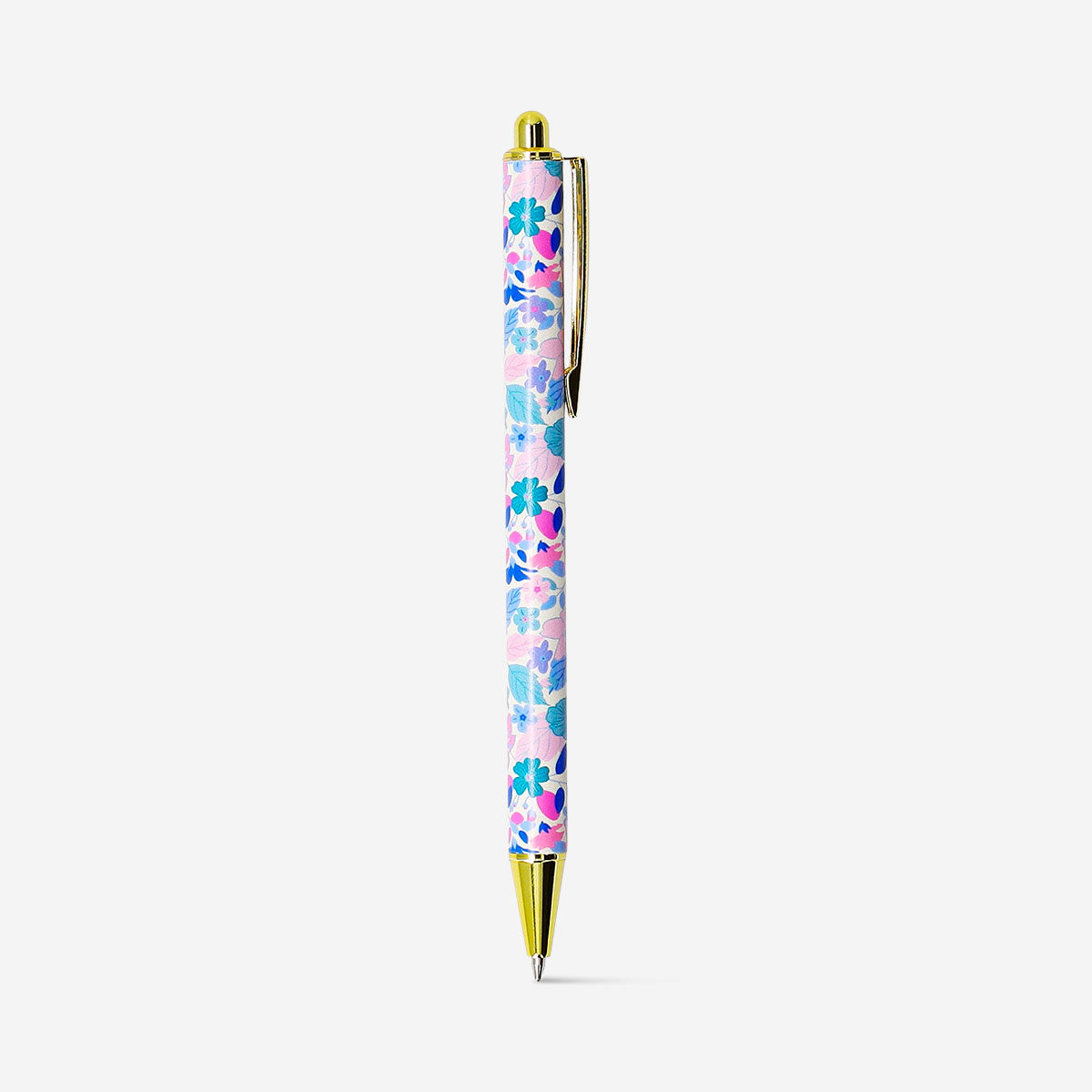 Flying Tiger Copenhagen floral ballpoint pen for office use, featuring colorful floral patterns and a sleek design.