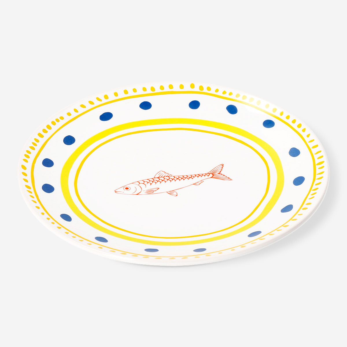 Ceramic kitchen plate with colorful dots and fish design, 16 cm in diameter, by Flying Tiger Copenhagen.