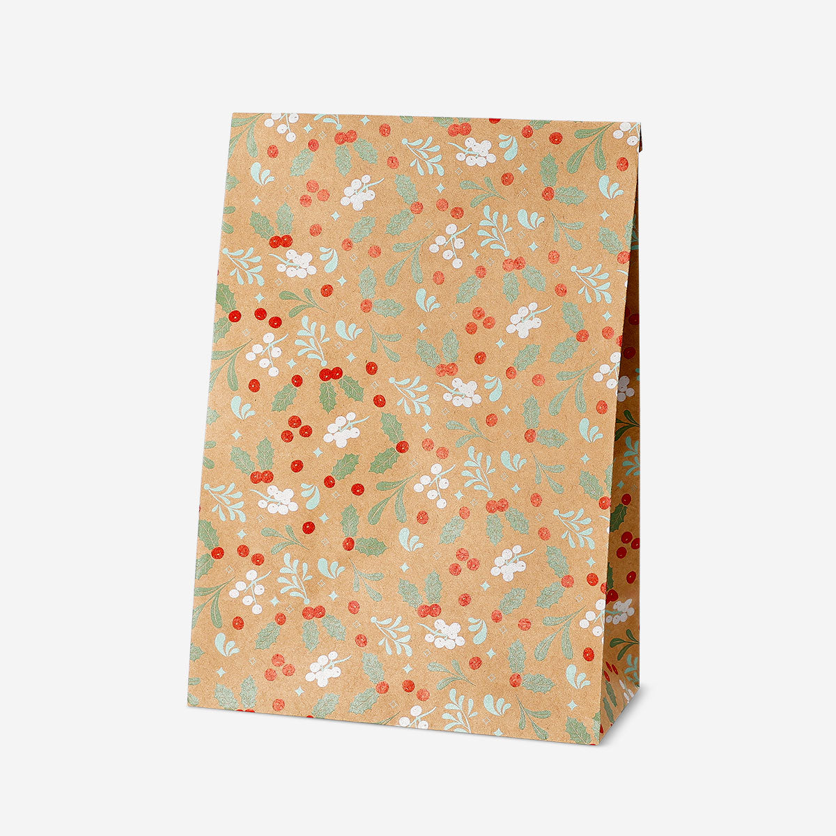 Set of three Flying Tiger Copenhagen paper gift bags with festive holly print, ideal for office gift wrapping and celebrations.