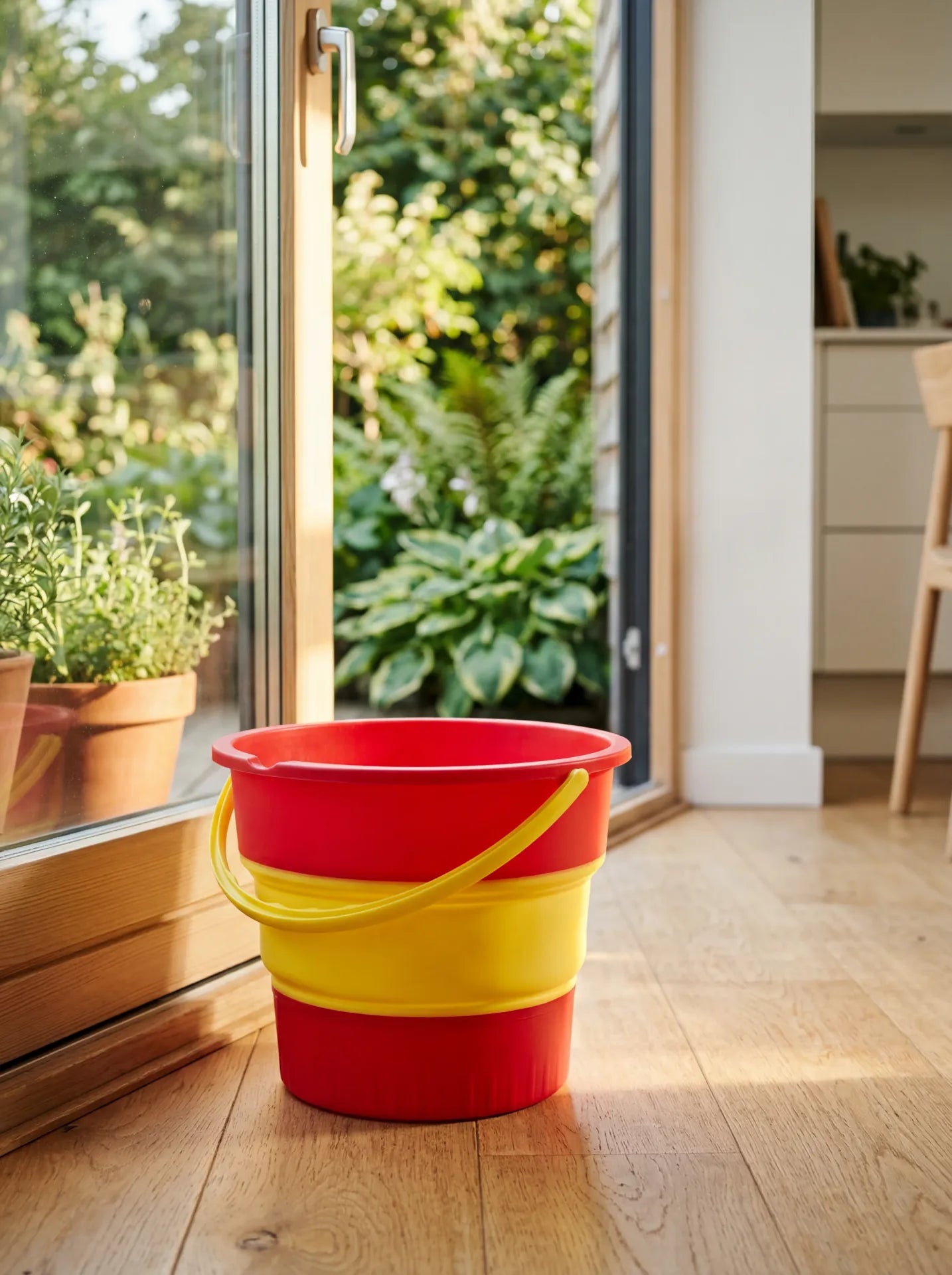 Foldable 8L home bucket with handle by Flying Tiger Copenhagen, showcasing its compact, collapsible design for versatile use.