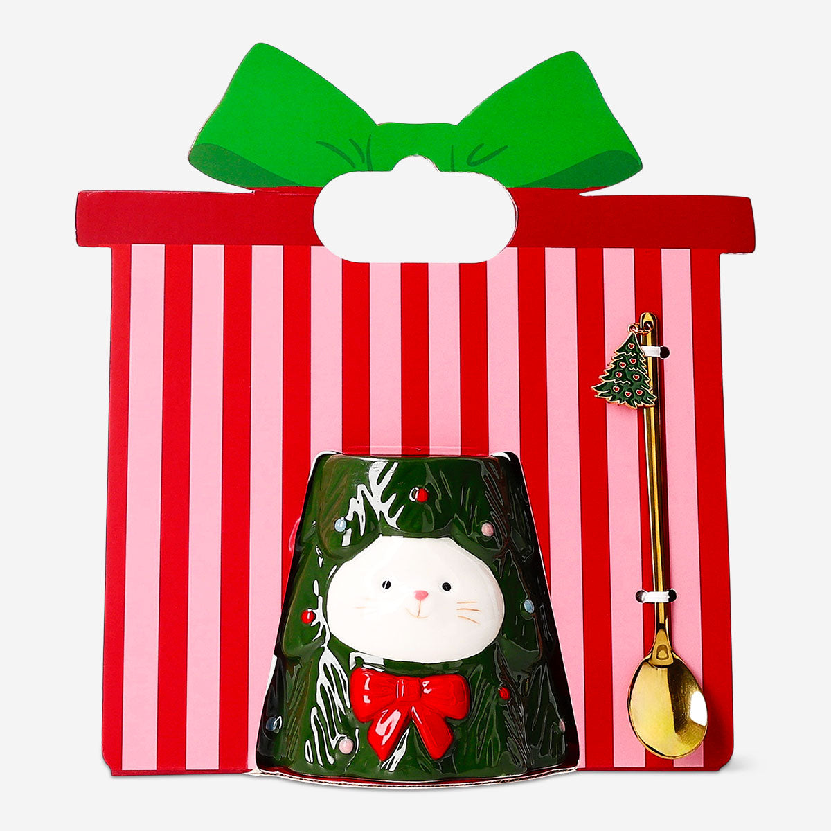 Cat in Christmas tree mug with spoon - 330 ml