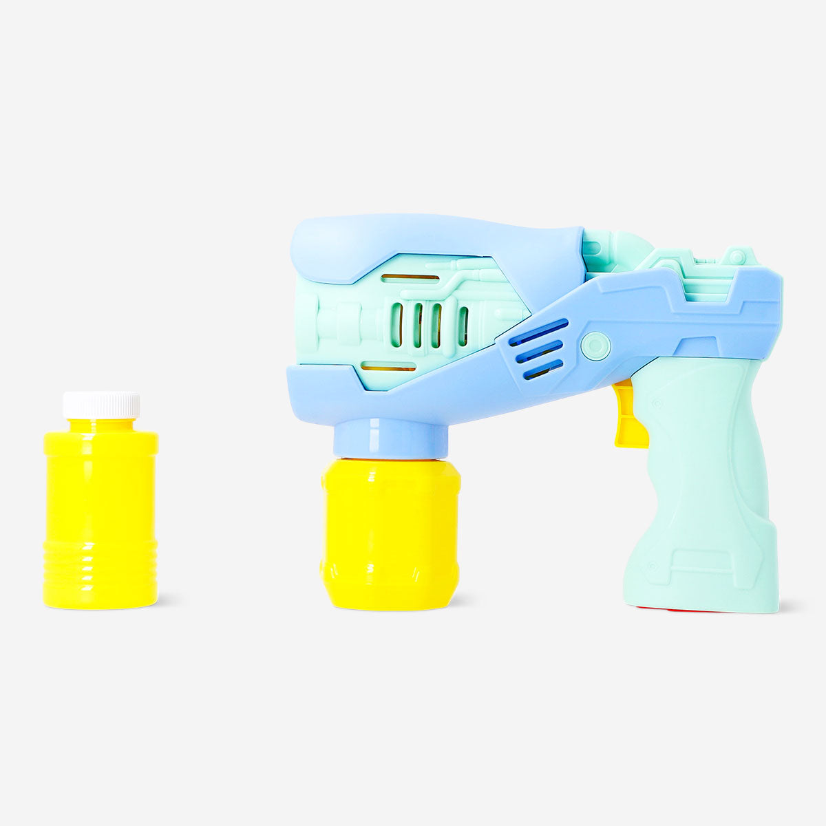 Blue Flying Tiger Copenhagen toy soap bubble blaster with a handle and nozzle, creating colorful bubbles for kids' outdoor fun.
