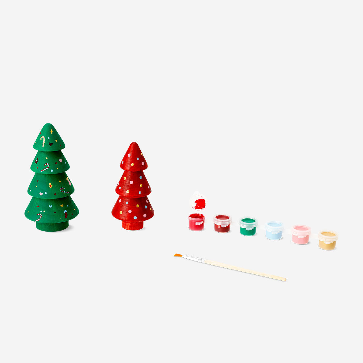 DIY wooden Christmas tree craft kit by Flying Tiger Copenhagen, featuring assembled wooden tree with colorful decorations for holiday fun.