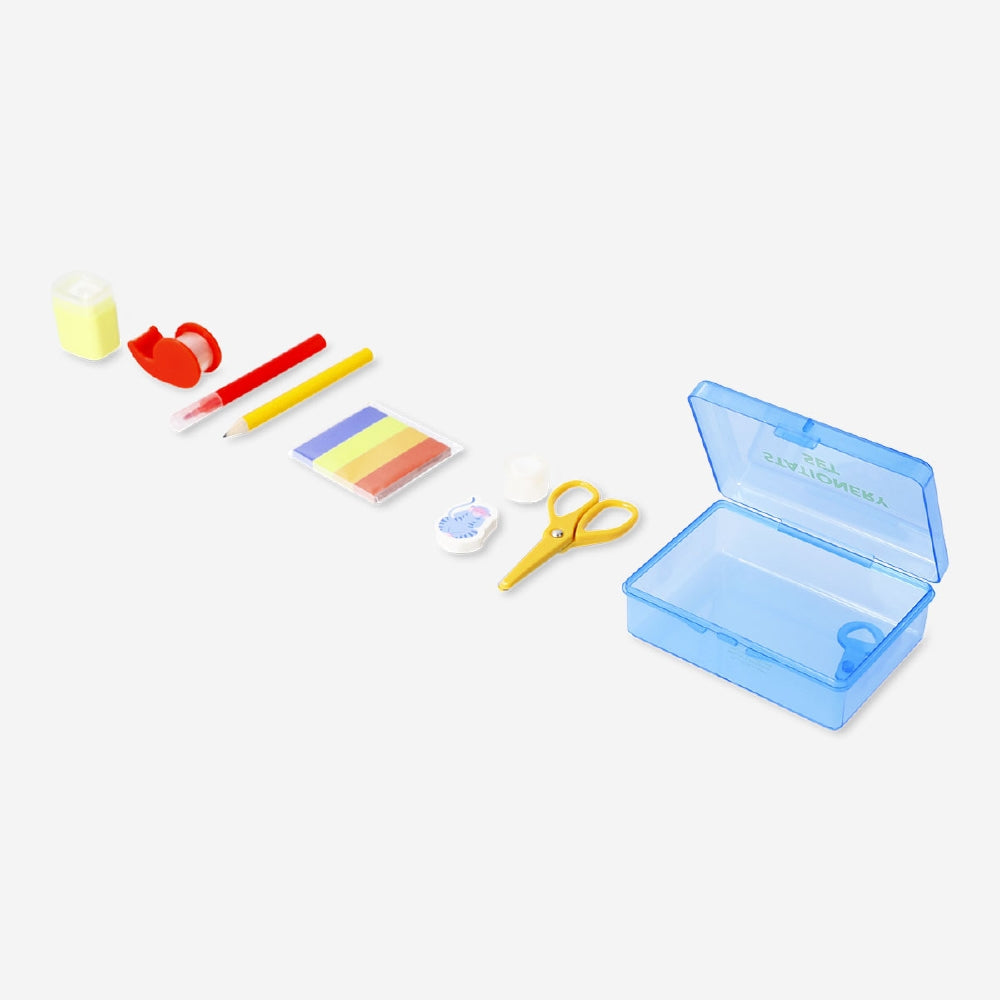 Office stationery set in a box with colorful pens, pencils, and stationery supplies from Flying Tiger Copenhagen.
