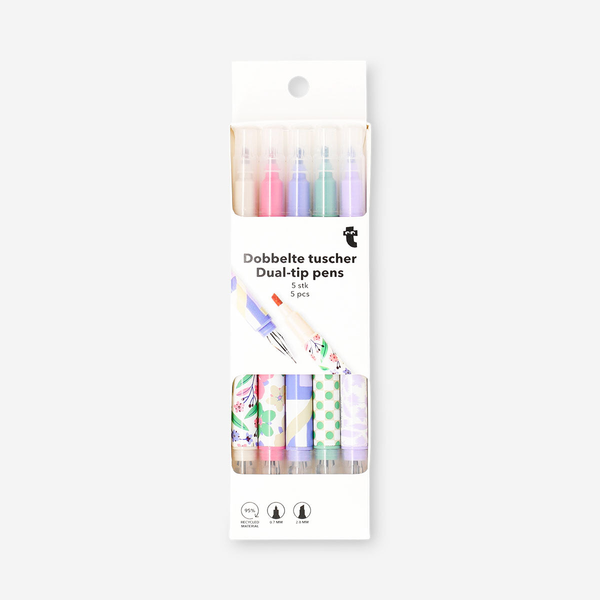 Set of four Flying Tiger Copenhagen dual-tip pens with gel ink and highlighters, showing colorful pen tips and caps.
