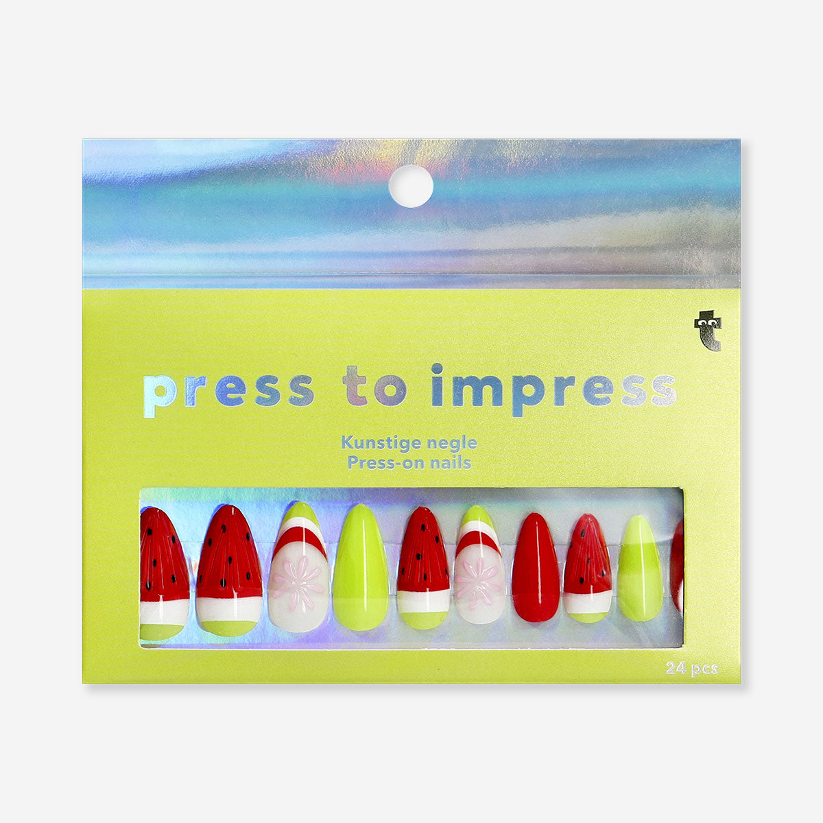 Flying Tiger Copenhagen watermelong design press-on nails with colorful, fruity nail art for personal care and quick manicure.