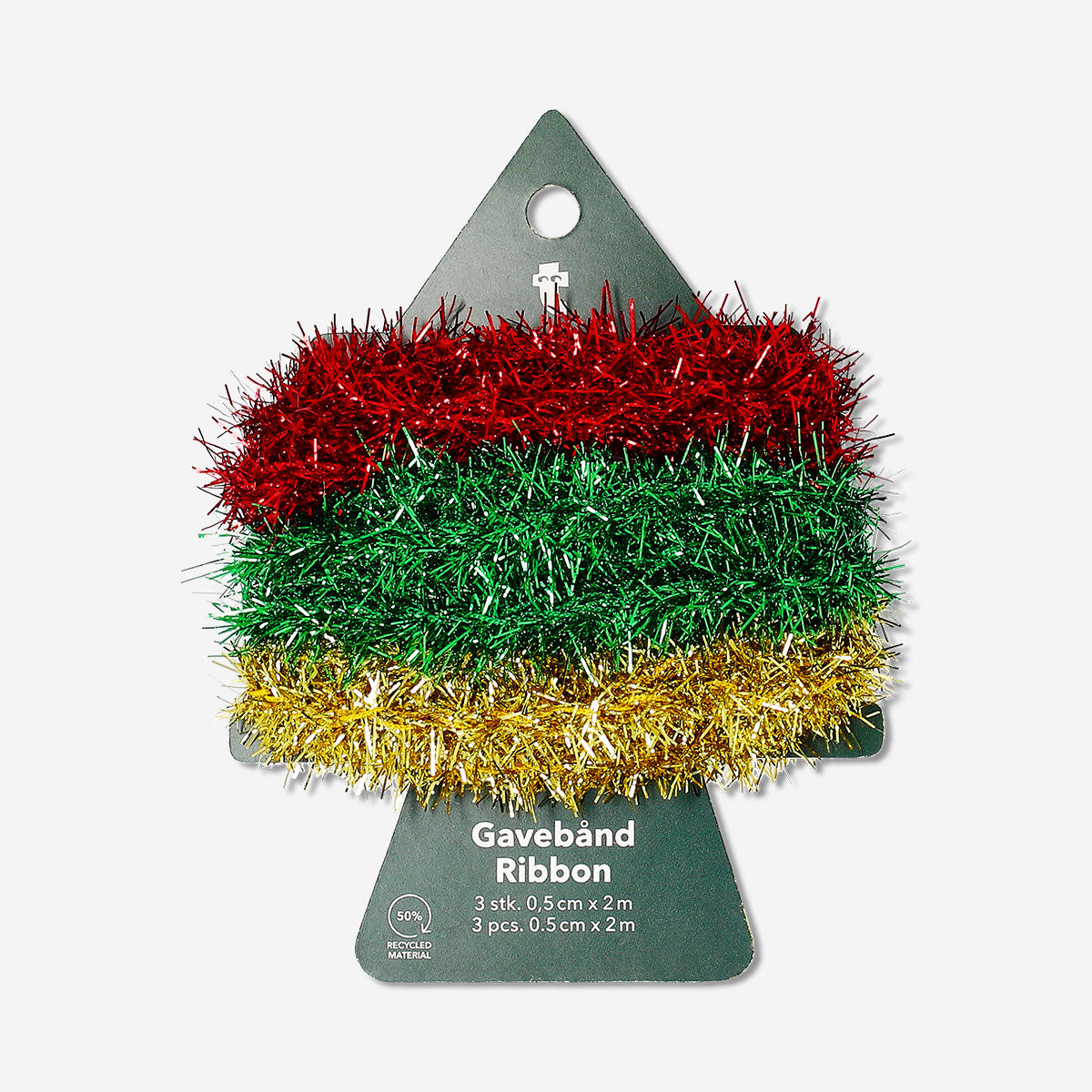 Three colorful mixed tinsel ribbons from Flying Tiger Copenhagen, ideal for office decorations and crafts.