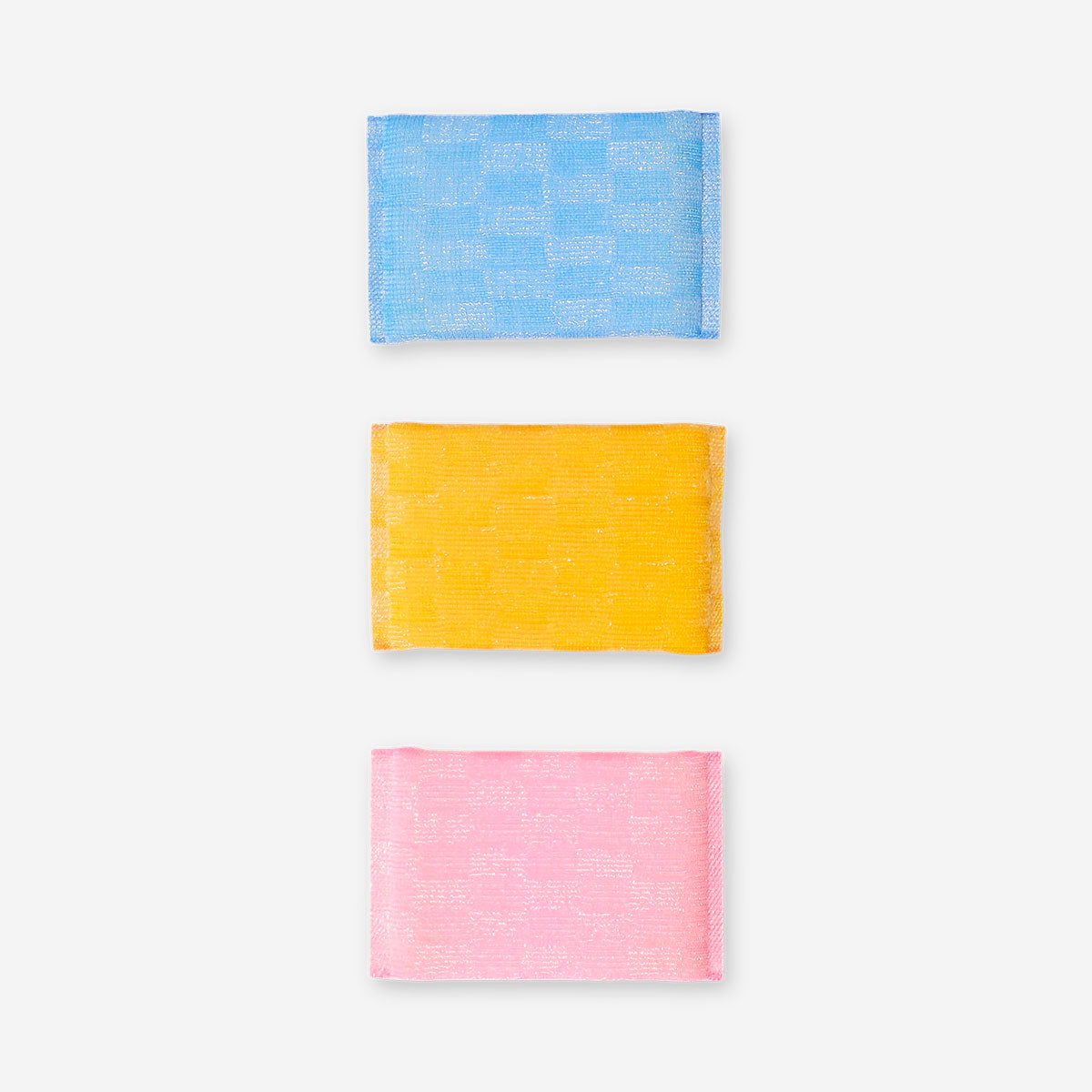 Set of three kitchen cleaning sponges from Flying Tiger Copenhagen with colorful, textured surfaces for dishwashing and cleaning.
