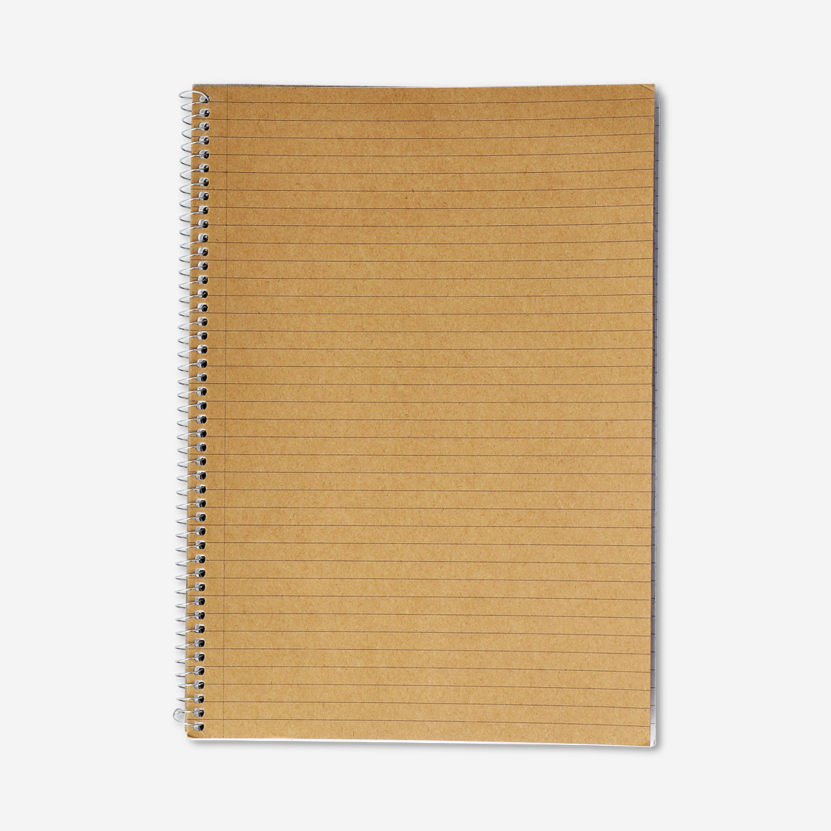 A4 spiral-bound lined office notebook with a craft paper cover, featuring metal spiral binding and blank lined pages inside.