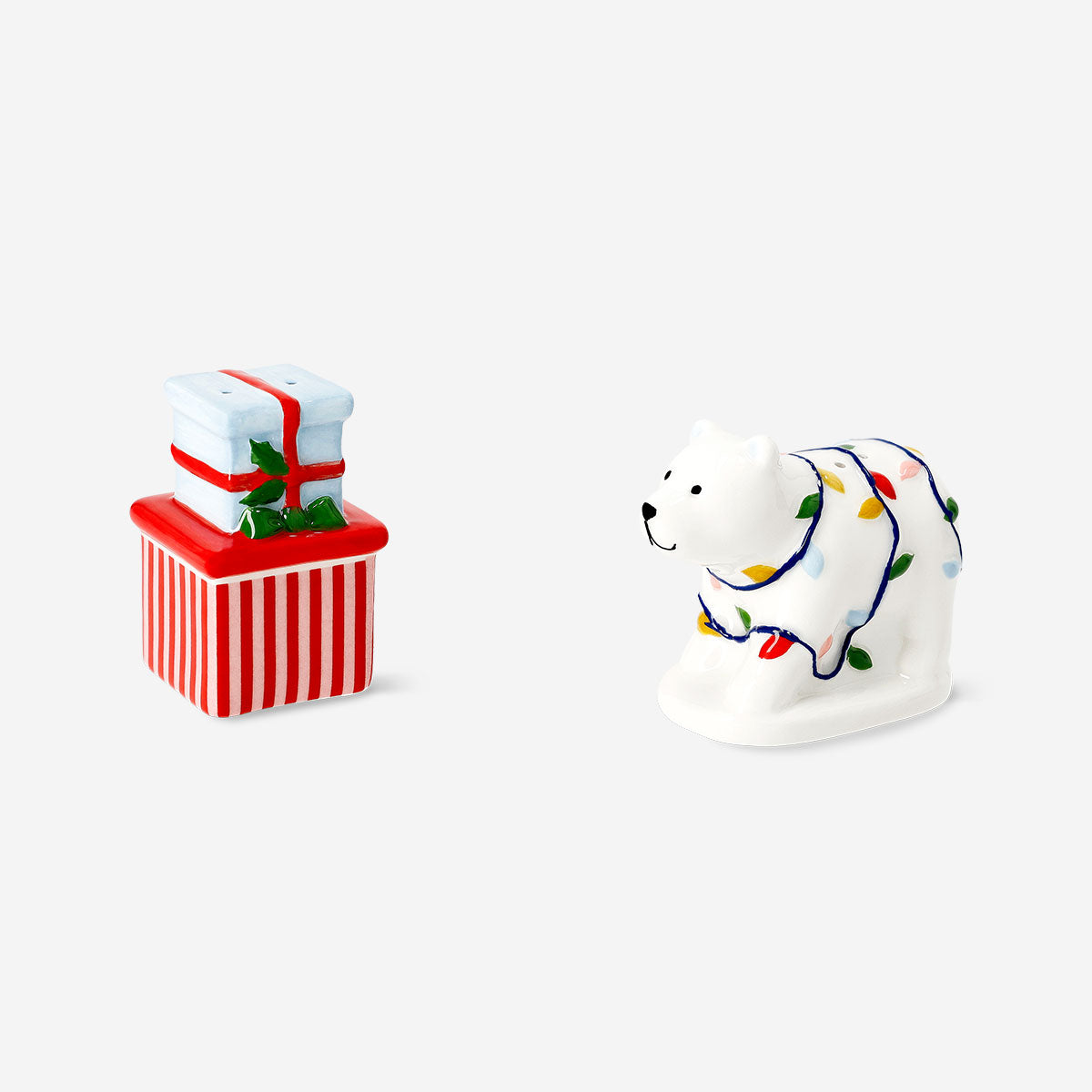 Flying Tiger Copenhagen Christmas salt and pepper set, 2-piece kitchen condiment shakers with festive holiday design.