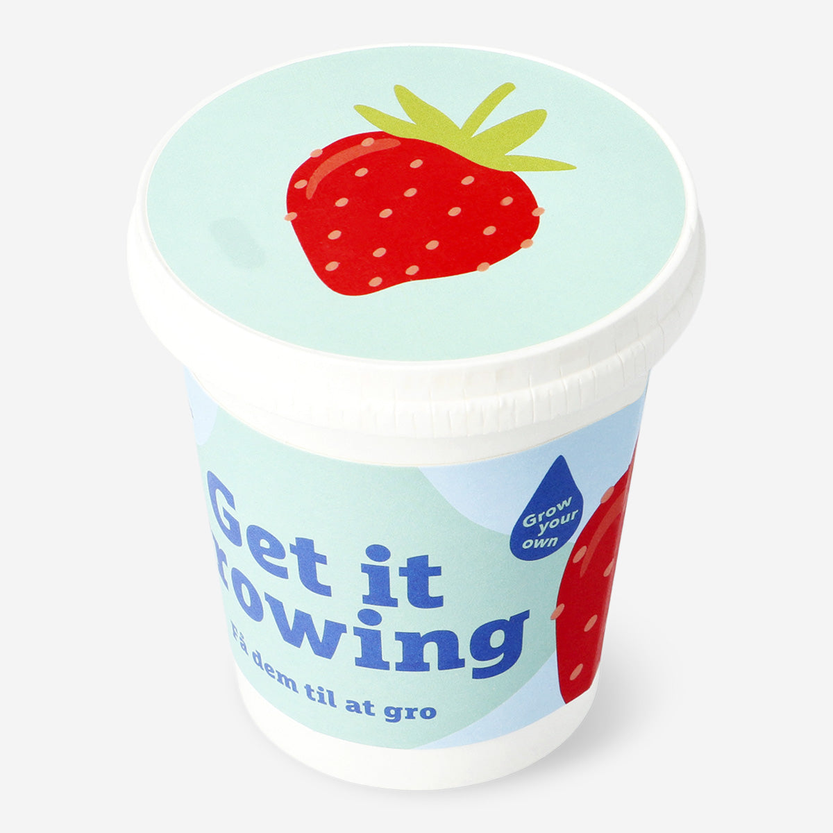 Flying Tiger Copenhagen strawberry grow kit for home gardening, featuring a colorful container and healthy strawberry plants.