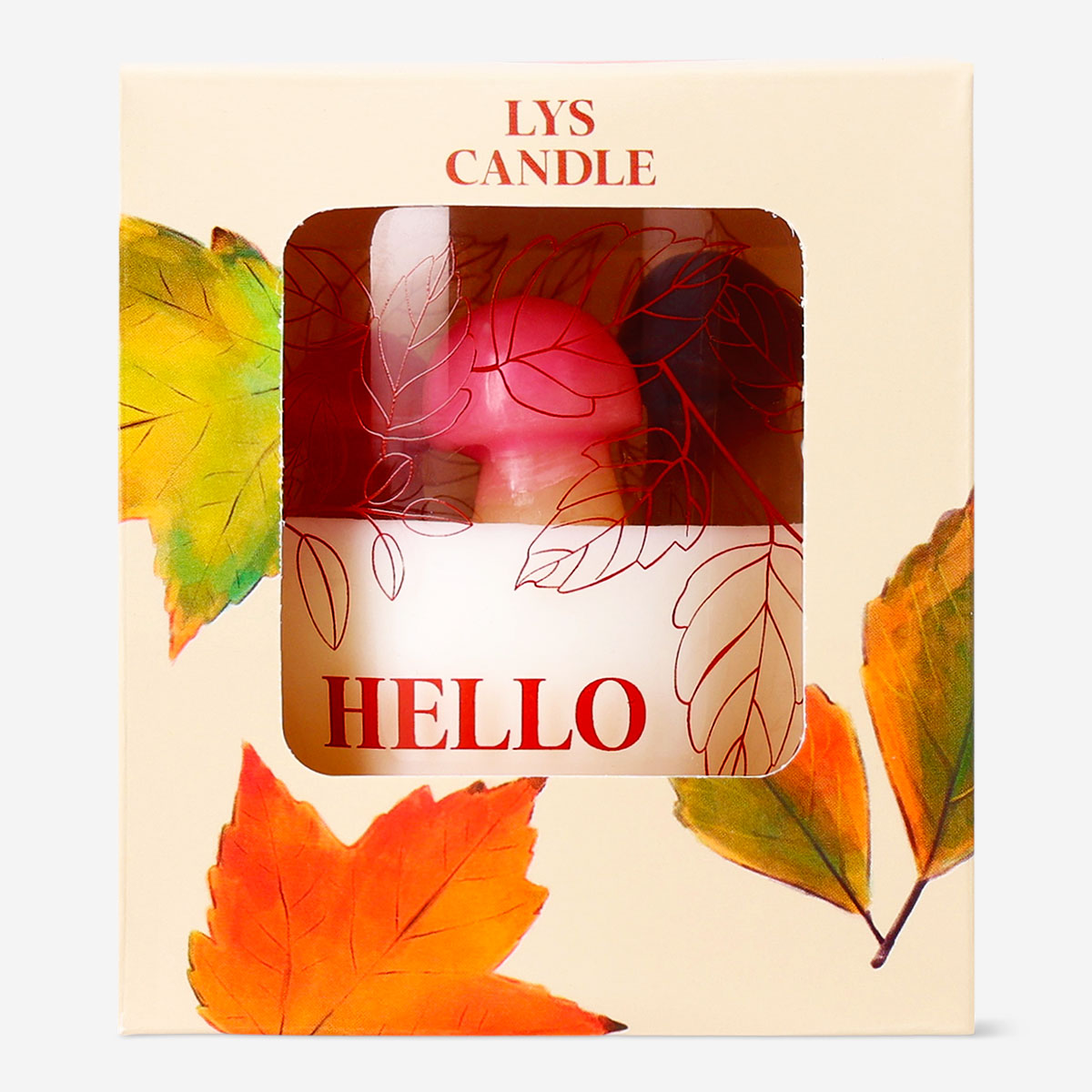 Autumnal scented candle from Flying Tiger Copenhagen in a decorative jar, perfect for cozy home ambiance.