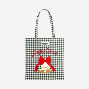 Flying Tiger Copenhagen plaid tote bag with a bell, featuring a stylish pattern and sturdy handles for everyday use.