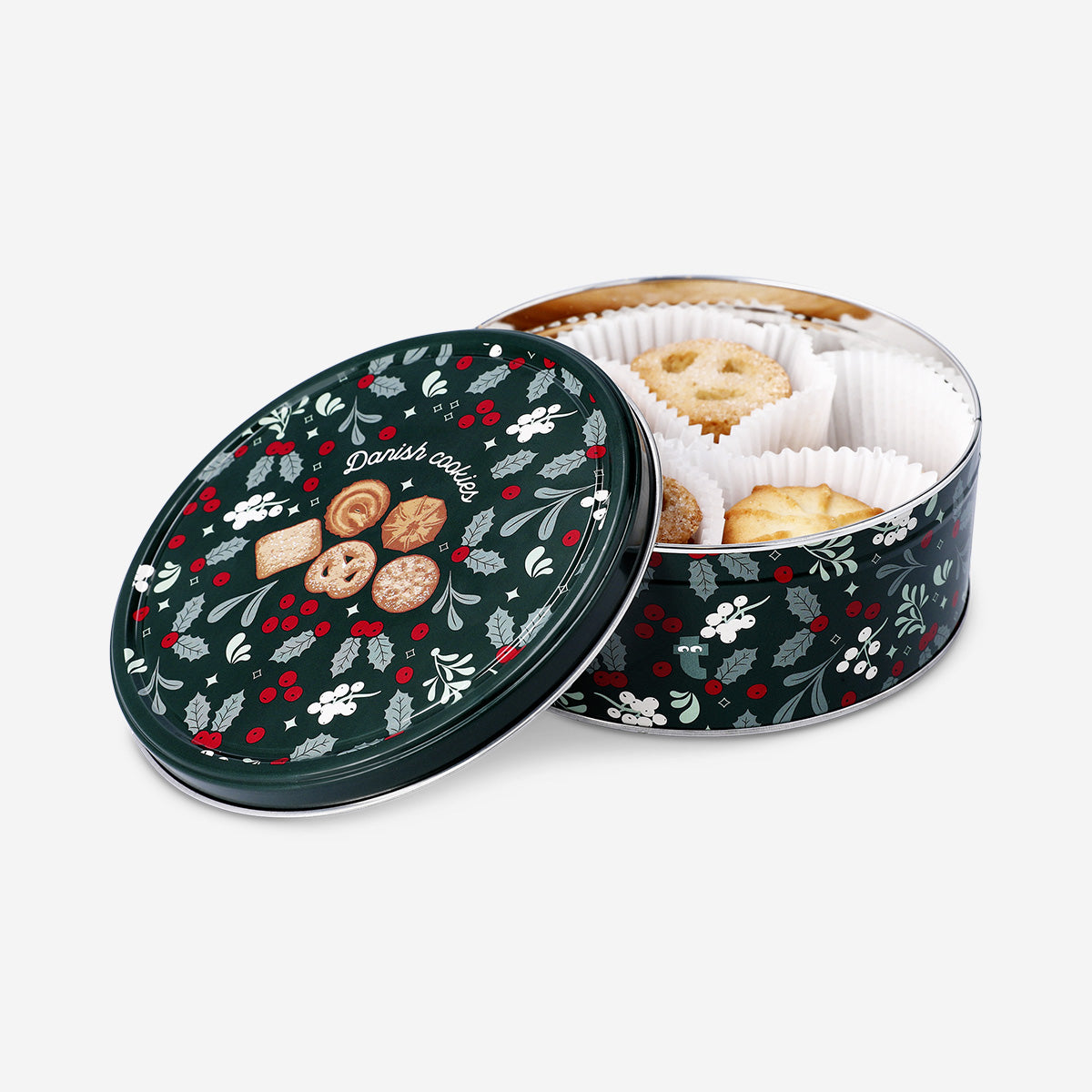 Flying Tiger Copenhagen butter cookies in a decorative tin box, showcasing golden, buttery cookies arranged inside.