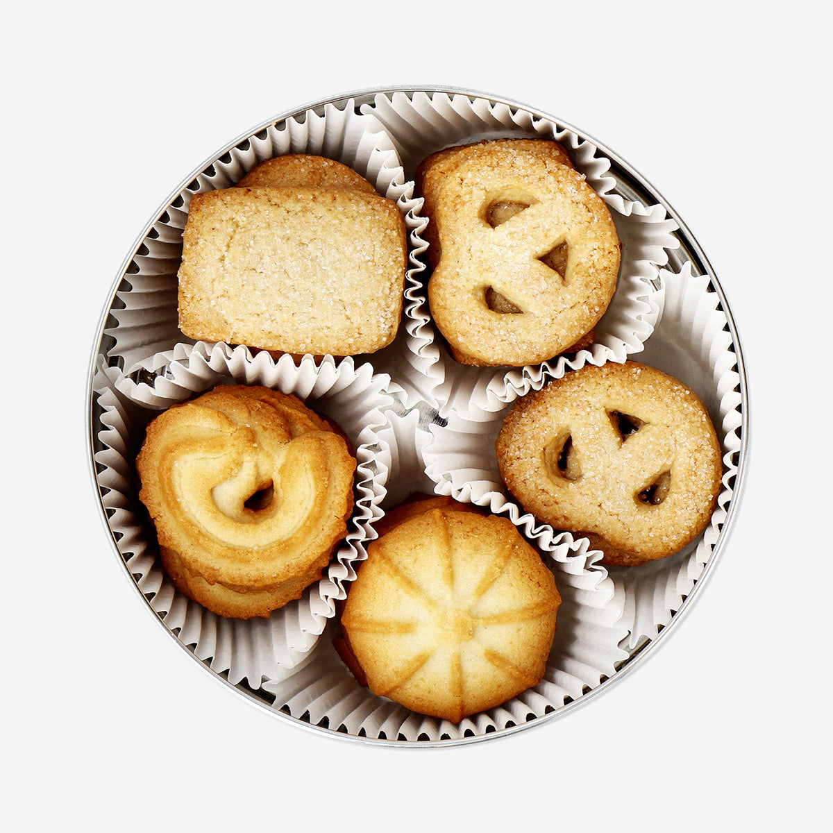 Flying Tiger Copenhagen butter cookies in a decorative tin box, showcasing golden, buttery cookies inside a stylish food container.