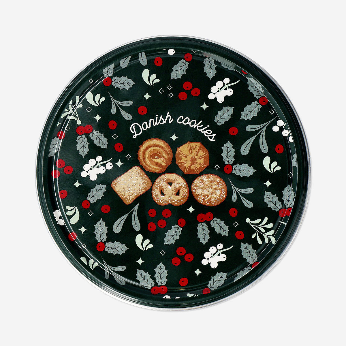 Flying Tiger Copenhagen butter cookies in a decorative tin box, showcasing golden baked cookies on a white background.