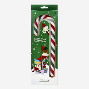 Tutti frutti flavored candy cane by Flying Tiger Copenhagen, colorful striped food treat on a white background.