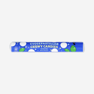 Mint-flavored Candy Chew Roll by Flying Tiger Copenhagen, showing colorful, twisted candy rolls in a close-up view.