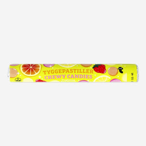 Colorful fruit-flavored chewy candy roll from Flying Tiger Copenhagen, showing vibrant, twisted fruit-flavored candies on the packaging.