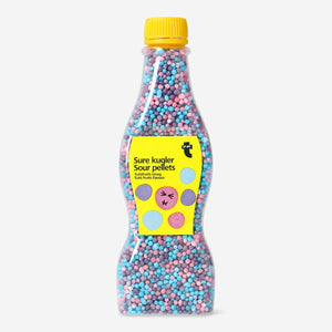 Colorful Flying Tiger Copenhagen candy pearls in tutti frutti flavor, showcasing shiny, round sweets on a white background.