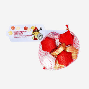 Chocolate stars with milk filling from Flying Tiger Copenhagen, showing colorful star-shaped candies with creamy milk center.