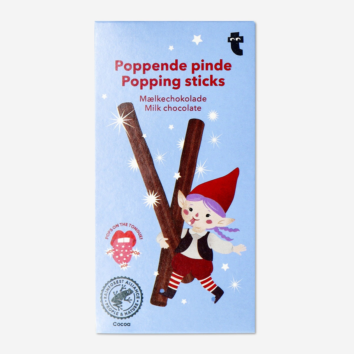 Chocolate sticks with popping candy from Flying Tiger Copenhagen, showing a close-up of the crunchy, chocolate-coated treats.