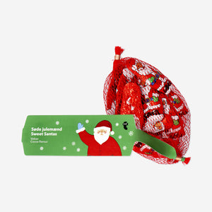 Flying Tiger Copenhagen cocoa confectionery Santas in net, festive chocolate treats shaped like Santa Claus for holiday celebrations.