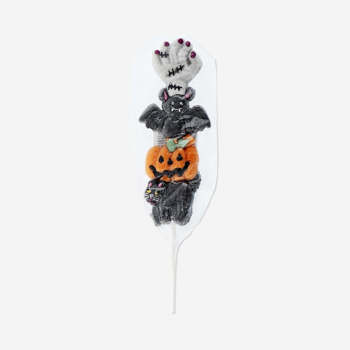 Vanilla-flavored Halloween marshmallow on a stick from Flying Tiger Copenhagen, featuring festive orange and black packaging.